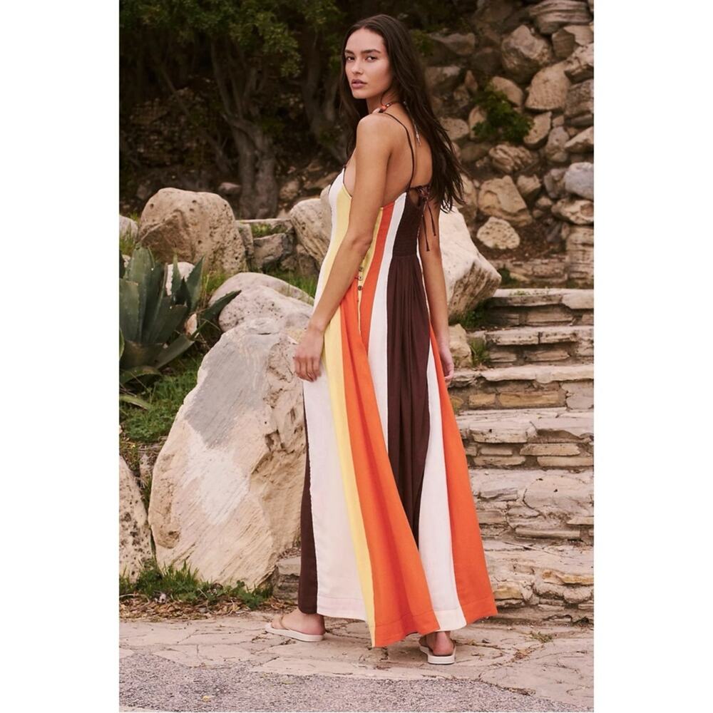 Free People Linen Retro 70s Color Harmony Maxi Dress in Chocolate Combo Small - Picture 2 of 10